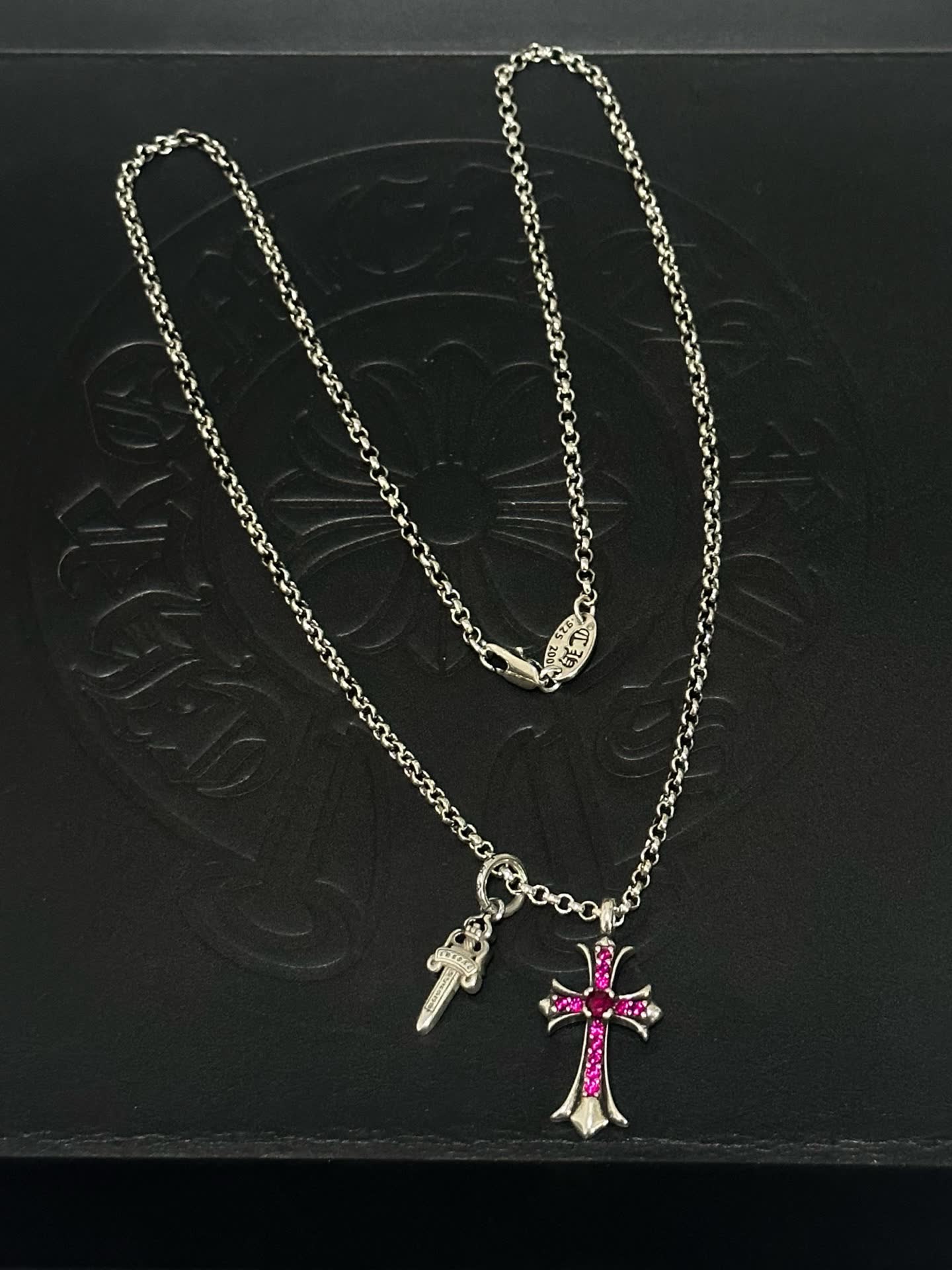 Chrome Hearts Silver Cross Pendant with Pink Stones